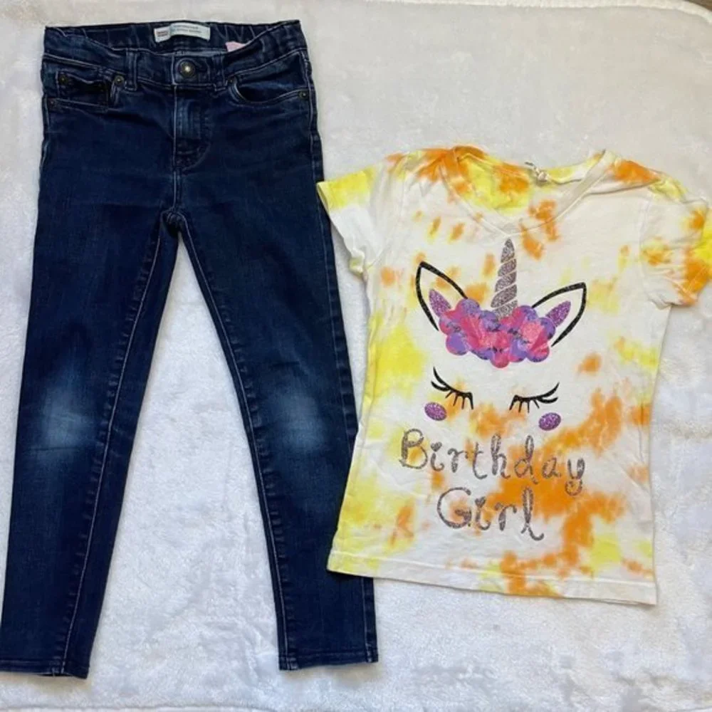 Levi's‎ Girl's Dark Wash Jeans and Unicorn Birthday Girl Tie-Dye Shirt Size 6